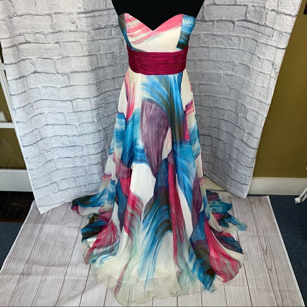 Scala strapless brush print multicolor maxi dress sz 4